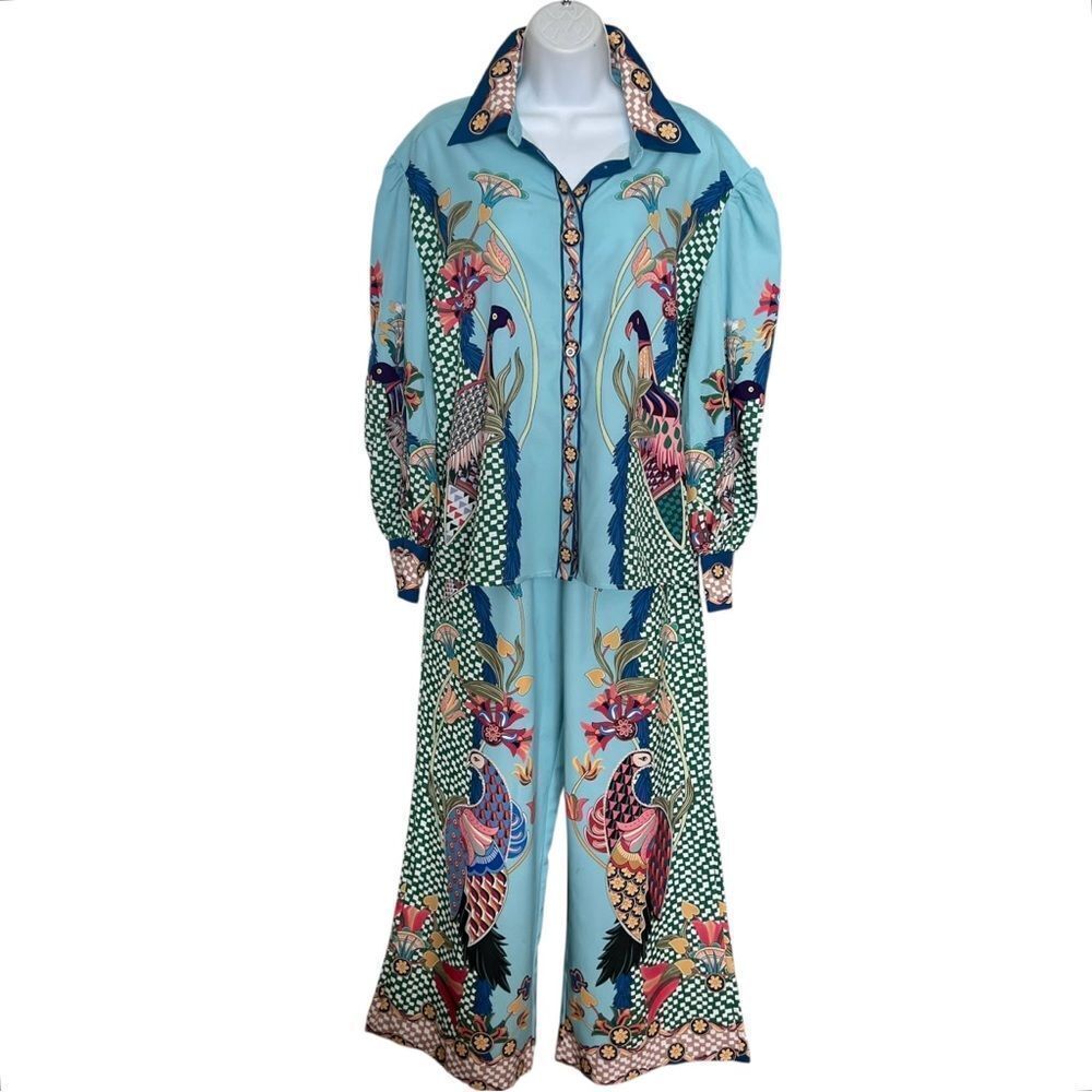 Sky Blue Wide-Leg Printed Jumpsuit with Button-Front Shirt